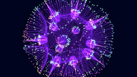 Abstract glowing particle network sphere with purple lines on dark background Stock Footage 333188871