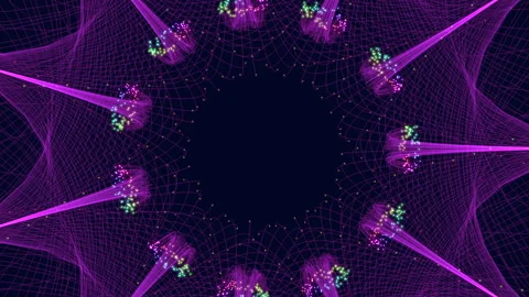 Abstract glowing particle network tunnel with neon purple grid background Stockbeeldmateriaal 333188808