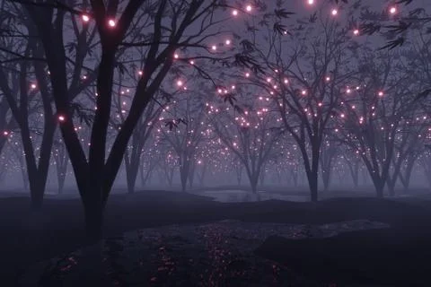 Abstract Glowing particle Sparkles on alien planet landscape forest 3d render Stock Illustration
