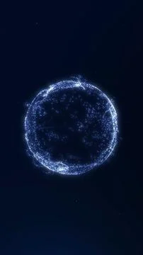 Abstract glowing particle sphere with dynamic blue sparkles on dark backgro.. Illustrazione stock