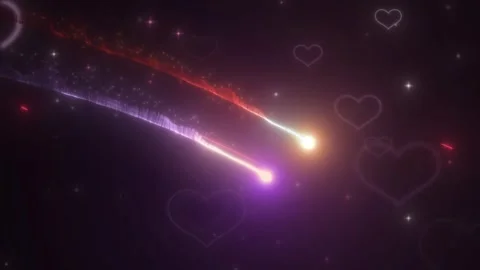 Abstract glowing particles and floating neon hearts moving across dark Stock Footage 345333454