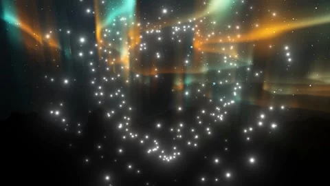 Abstract glowing particles swirling against vibrant aurora borealis background Stock Footage 342113445