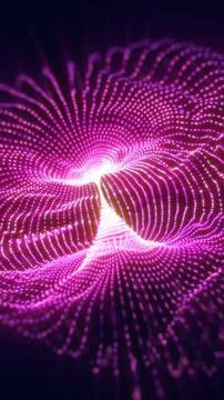 Abstract glowing pink wave grid with luminous flowing particles on dark backg Stock Illustration