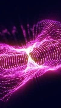 Abstract glowing pink wave grid with luminous flowing particles on dark backg Stock Illustration