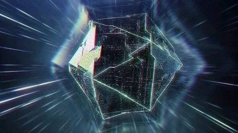 Abstract Glowing Polyhedron Flying Through Futuristic Light Tunnel Stock Footage 346690213
