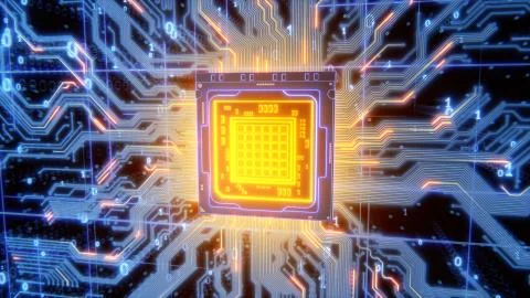 Abstract glowing processor with wires, circuits, signals, and digits 3d render Stock Illustration