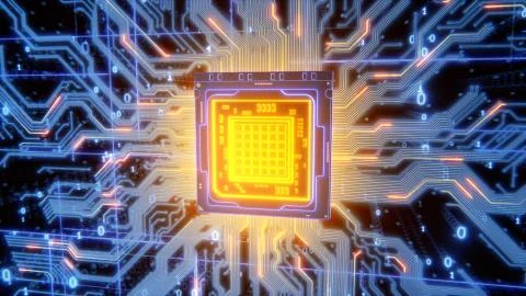 Abstract glowing processor with wires, circuits, signals, and digits 3d render Stock Illustration