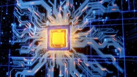 Abstract glowing processor with wires, circuits, signals, and digits 3d render Stock Illustration