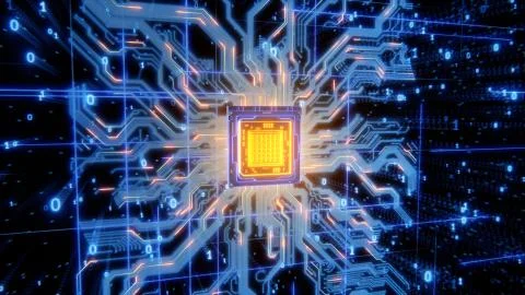 Abstract glowing processor with wires, circuits, signals, and digits 3d render Stock Illustration