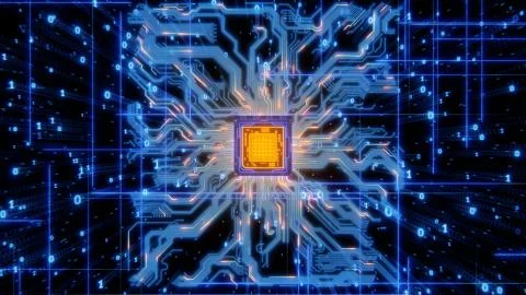 Abstract glowing processor with wires, circuits, signals, and digits 3d render Stock Illustration