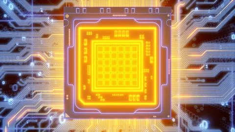 Abstract glowing processor with wires, circuits, signals, and digits 3d render Stock Illustration