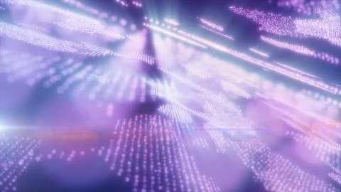 Abstract glowing purple digital map with light dots and rays symbolizing glob Illustrazione stock
