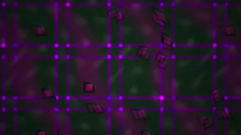 Abstract Glowing Purple Grid Background with Floating Geometric Shapes for .. Stock Footage 344715996