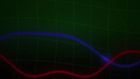 Abstract Glowing Red and Blue Wave Lines Intersecting over Dark Green Grid .. Stock Footage 344715747
