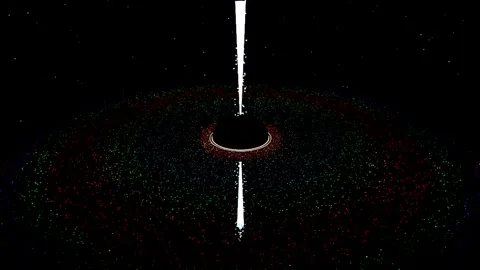 Abstract glowing rings orbiting a central light beam during a dark cosmic t.. Stock-Footage 346578831
