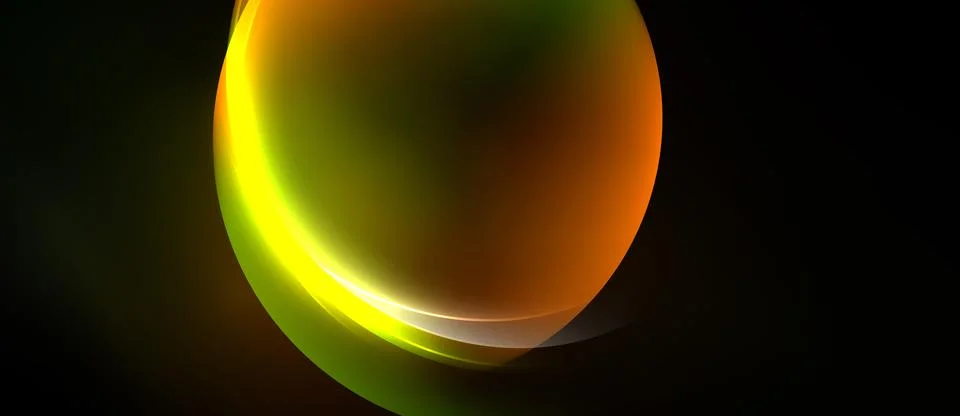 Abstract glowing shapes overlap, creating vibrant circular form against dark Stock Illustration