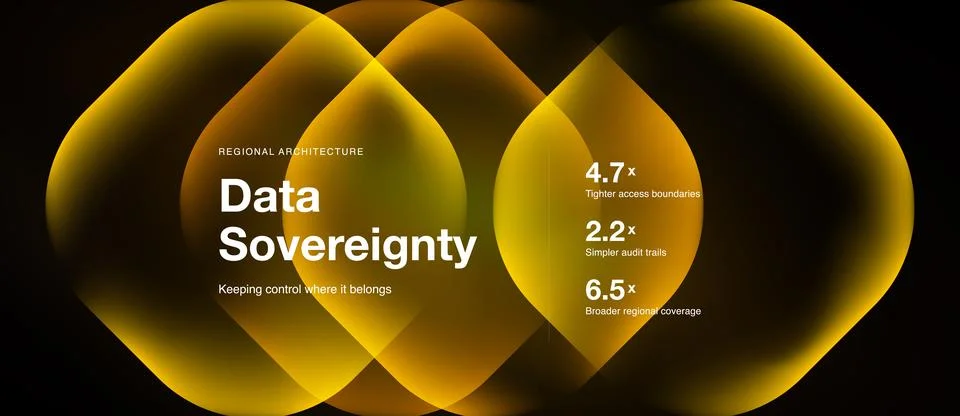 Abstract glowing shapes overlap, highlighting data sovereignty concept. Text Illustrazione stock