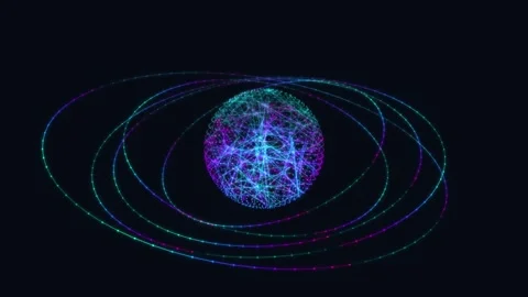 Abstract glowing sphere with orbital lines in neon colors on dark background Stock Footage 340452348