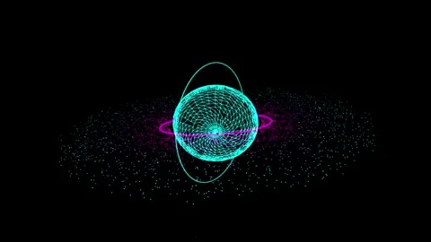 Abstract glowing sphere orbiting with particle trails in dark space during .. Video stock 345945134