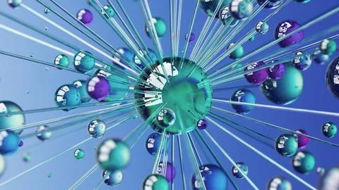 Abstract glowing sphere with rays and floating particles in 3D Illustration