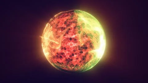 Abstract glowing sphere with red plasma center and green luminous surface d.. Stock Illustration