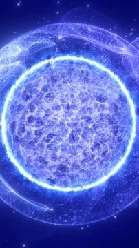 Abstract glowing sphere surrounded by transparent data rings and sparkles, se Stock Photos