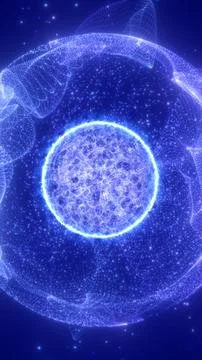 Abstract glowing sphere surrounded by transparent data rings and sparkles, se Stock Photos