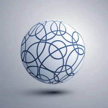 Abstract glowing sphere of tangled curvy, circular blue lines on a grey bac.. Stock Illustration