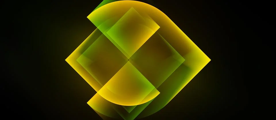 Abstract glowing squares overlap, creating diamond shape. Yellow, green hues Illustrazione stock