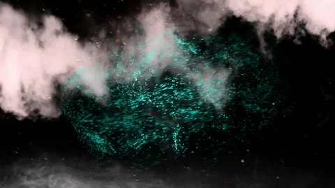 Abstract glowing teal particle cloud with swirling white smoke on a black Stock Footage 346209463