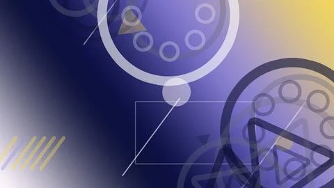 Abstract glowing tech rings and arcs swirl across a deep blue gradient back.. Stock Illustration