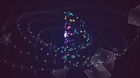 Abstract Glowing Treble Clef And Colorful Notes On Rotating Staves Video stock 340941063