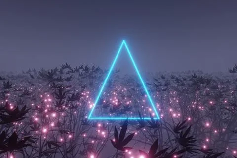 Abstract Glowing triangle Sparkles on alien planet landscape forest 3d render Illustrazione stock