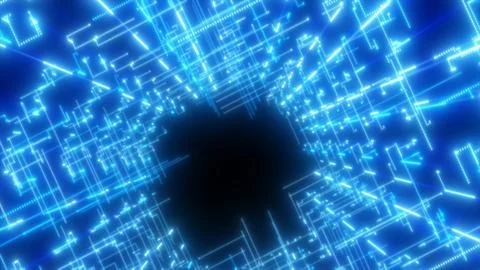 Abstract glowing tunnel of blue light forming a digital matrix with geometric Illustrazione stock