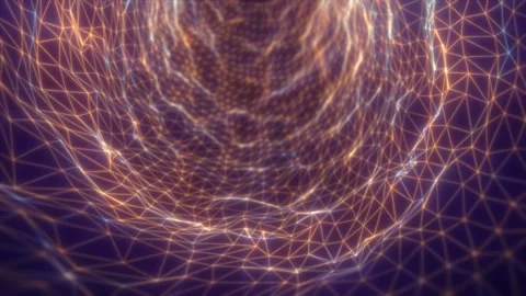 Abstract glowing tunnel of triangular wireframes in warm golden tones, form.. Stock Footage 312613406