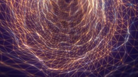Abstract glowing tunnel of triangular wireframes in warm golden tones, formin イラスト素材