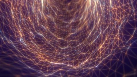 Abstract glowing tunnel of triangular wireframes in warm golden tones, formin Stock Photos