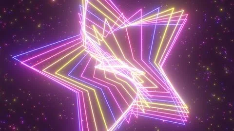 Abstract Glowing Ultraviolet Neon Rotating Star Shapes Orbit In Space Stock Illustration