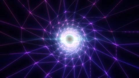Abstract glowing violet grid tunnel with geometric network lines converging.. Stock Illustration