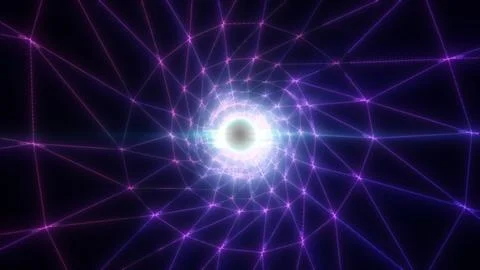 Abstract glowing violet grid tunnel with geometric network lines converging i Stock Illustration