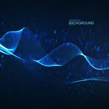 Abstract glowing virtual neon wave with chaotic binary code particles. Illustrazione stock