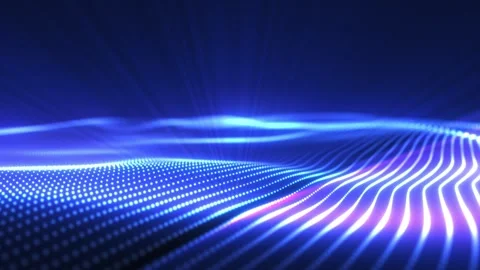 Abstract glowing wave of particles and dots moving on blue background with br Stock Footage 306858402