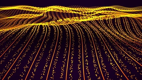 Abstract glowing waves with sparse particle stripes and bright golden lines Stock Footage 279671227
