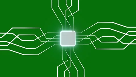 Abstract Glowing White Circuit Board Lines with Futuristic Data Flow on Green Stock Footage 345687828