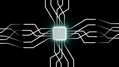Abstract Glowing White Circuit Board Lines with Futuristic Data Flow on Black Stock Footage 345687832