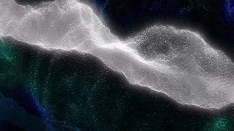 Abstract glowing white particles forming a flowing wave on dark background Video stock 336388749