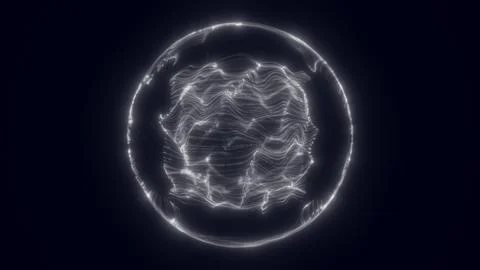 Abstract glowing white sphere made of fine digital wave-like lines on dark .. Stock Illustration