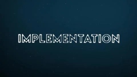 Abstract glowing word IMPLEMENTATION on dark blue digital background Stock Illustration