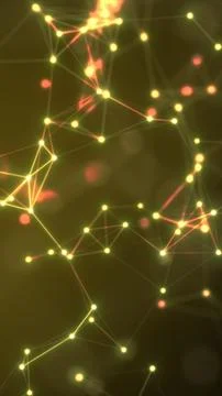 Abstract glowing yellow and red digital network with connected points and lig Illustrazione stock