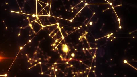 Abstract glowing yellow network of connected nodes and lines on a dark backgr Stock Illustration